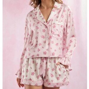PEACH LOVE Galentines Floral & Striped PJ Set Pink Medium New With Tags